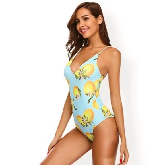 Lemon Print One-Piece Swimsuit Small Like New Blue Yellow Green - Picture 3 of 16